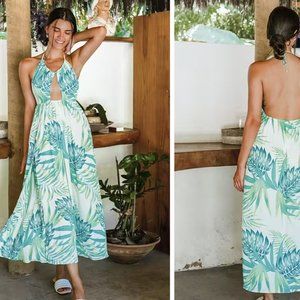 Tropical Palm Split Neck Halter dress